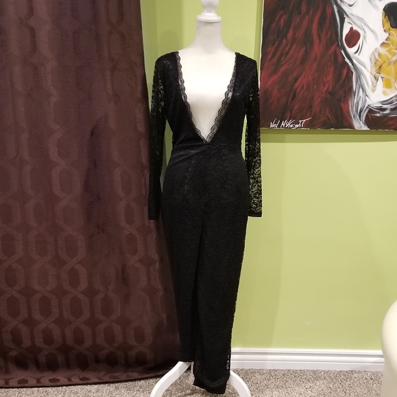 Pants - Plunging Neckline Sheer Lace Jumpsuit With Black And Silver Heart Shaped Pastie
